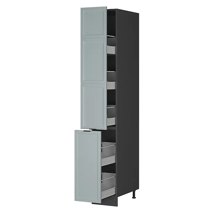 Vicco Schrankküche Fame-Line Hellblau-grau - Hellblau-grau, Apothekerhochschrank 30 cm - Hoher dunkelgrauer Küchenschrank mit hellgrauen Shaker-Türen, teilweise geöffnet, um ausziehbare Schubladen für Vorratslagerung zu zeigen.
