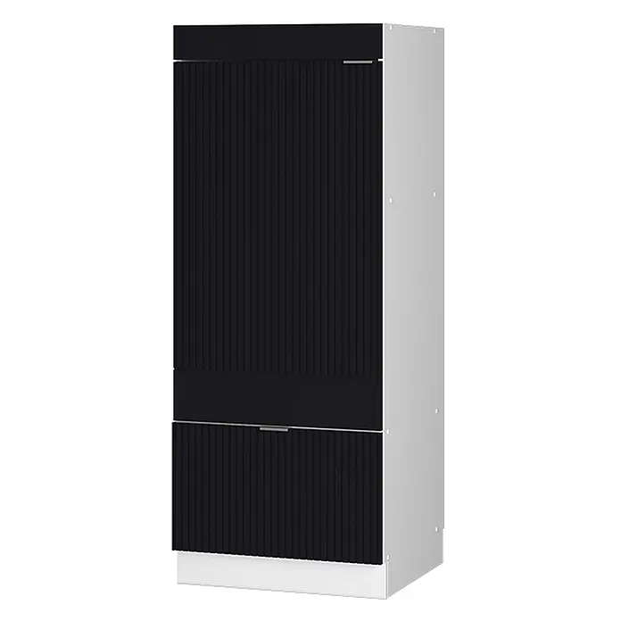 Vicco Schrankküche Fame-Line Schwarz gestreift - Schwarz gestreift, Mikrowellenschrank 60 cm (voll) - Hoher schwarzer Riffelschrank mit hellgrauen Seiten und Sockel, zwei Staufächer und silberne Griffe.