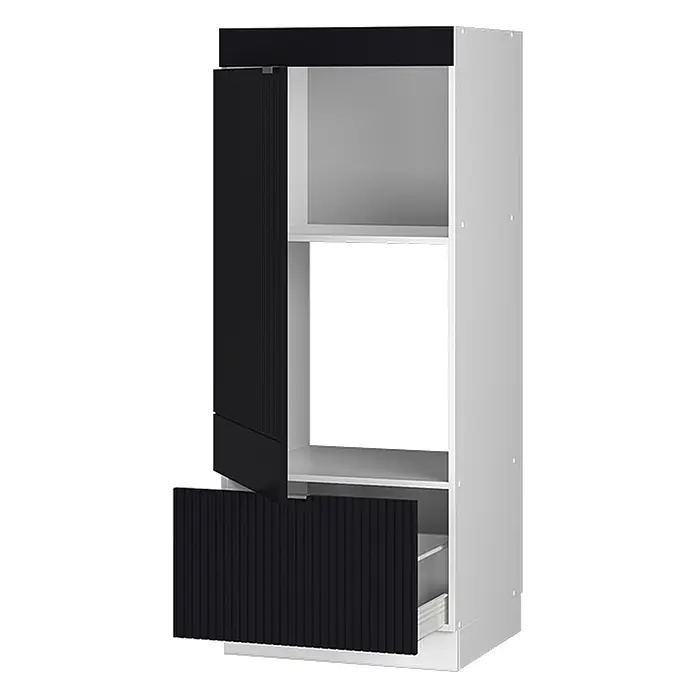 Vicco Schrankküche Fame-Line Schwarz gestreift - Schwarz gestreift, Mikrowellenschrank 60 cm (voll) - Hoher weißer Schrank mit schwarzen geriffelten Türen und Schublade, offenes Fach für Geräte.