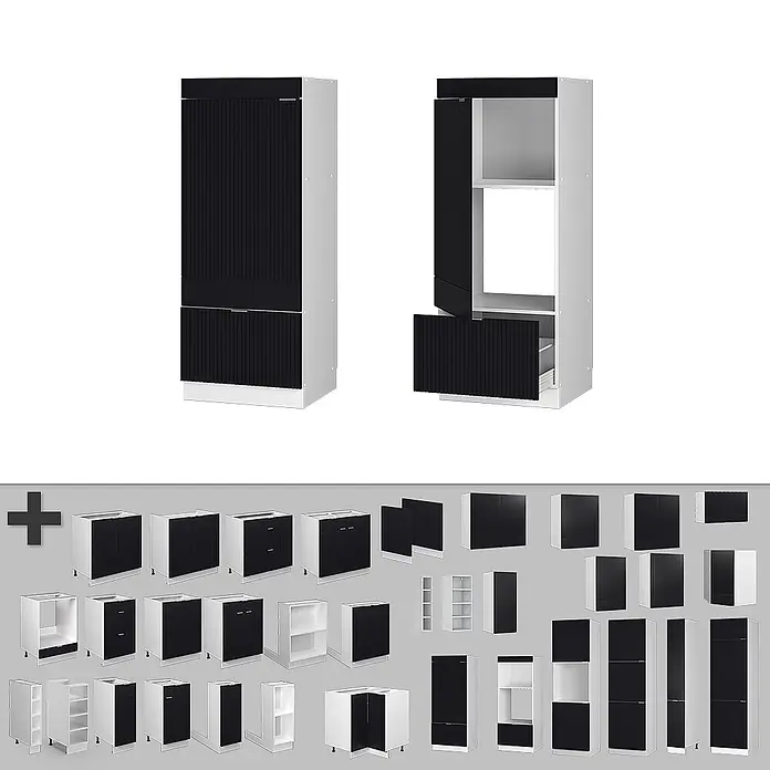 Vicco Schrankküche Fame-Line Schwarz gestreift - Schwarz gestreift, Mikrowellenschrank 60 cm (voll) - Modulares Küchenschranksystem mit schwarzen geriffelten Türen und weißer Innenausstattung, in verschiedenen Konfigurationen dargestellt.