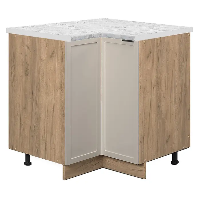 Vicco Schrankküche Fame-Line GrauBeige, AP Marmor - GrauBeige, Eckunterschrank, AP Marmor - Eck-Küchenunterschrank mit hellem Holzdekor, hellbeigen Schranktüren und einer weißen Marmor-Arbeitsplatte.