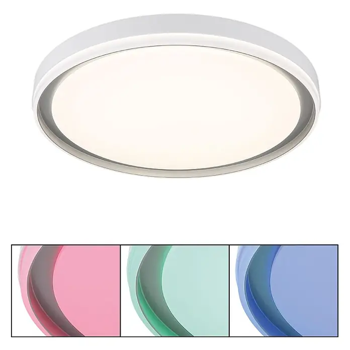 Globo LED-Deckenleuchte rund Janice - 48 W, Ø x H: 500 x 80 mm - Weiße runde LED-Deckenleuchte mit leuchtendem Diffusor und optionalen farbigen Zierringen.