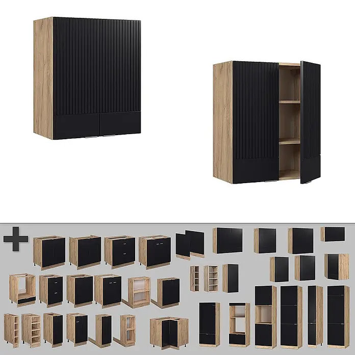 Vicco Schrankküche Fame-Line Schwarz gestreift - Schwarz gestreift, Hängeschrank 60 cm - Küchenschränke mit schwarzen geriffelten Türen und hellem Holzrahmen.
