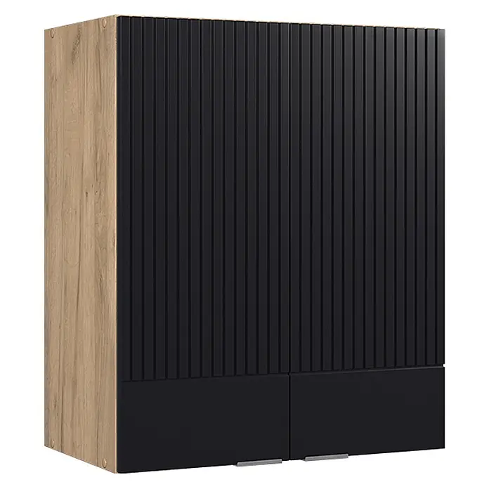 Vicco Schrankküche Fame-Line Schwarz gestreift - Schwarz gestreift, Hängeschrank 60 cm - Schrank in Holzoptik und Schwarz mit vertikal gerippter Oberfront und glatten Untertüren mit Griffen.