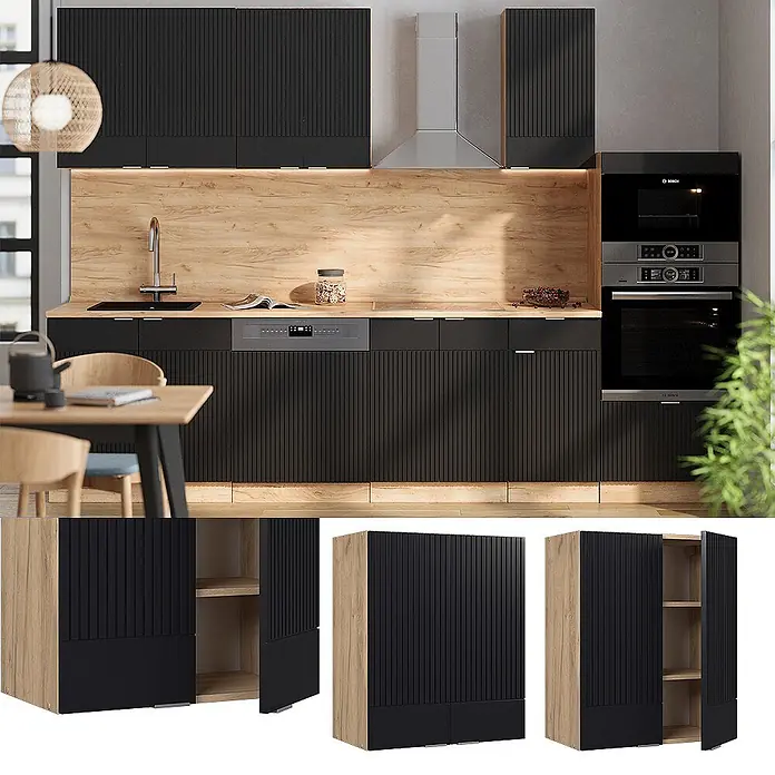 Vicco Schrankküche Fame-Line Schwarz gestreift - Schwarz gestreift, Hängeschrank 60 cm - Schwarze geriffelte und glatte Schranktüren mit Holzseiten, Teil eines modernen Küchenaufbewahrungssystems.