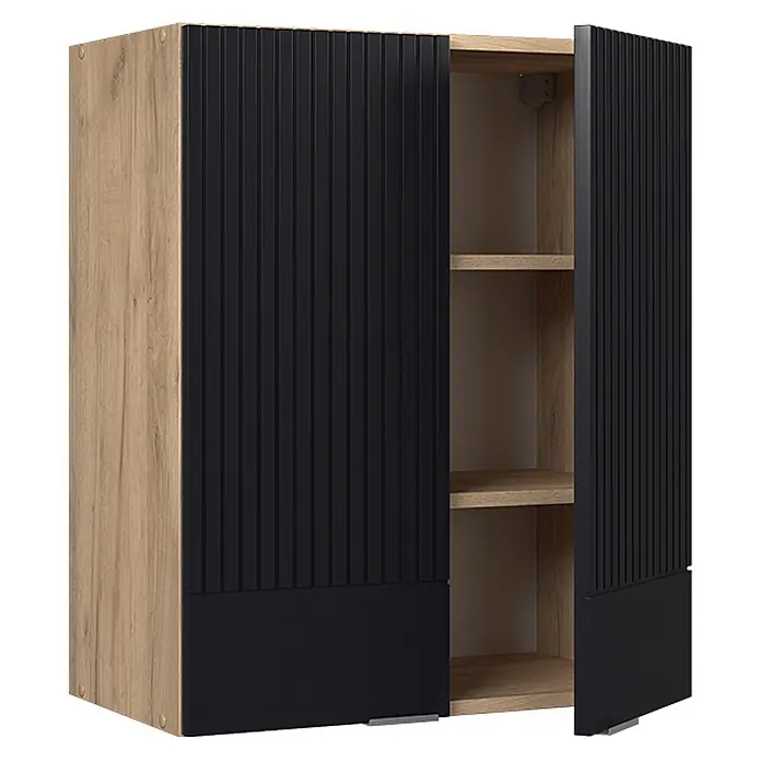 Vicco Schrankküche Fame-Line Schwarz gestreift - Schwarz gestreift, Hängeschrank 60 cm - Zweitüriger Wandschrank in heller Holzoptik mit schwarzen geriffelten/glatten Paneelen, eine Tür offenbart zwei Regalböden.