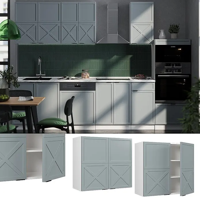 Vicco Schrankküche Fame-Line Hellblau-grau - Hellblau-grau, Hängeschrank 80 cm - Graue modulare Küchenschränke mit Kreuzmuster- und glatten Türen, in einer Küche und einzeln mit offenen Regalen gezeigt.