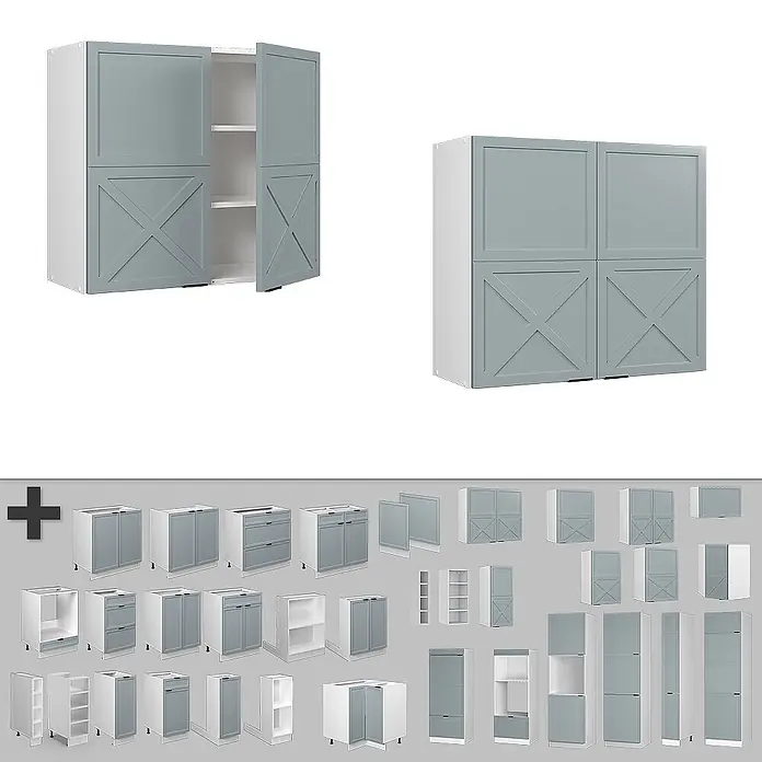 Vicco Schrankküche Fame-Line Hellblau-grau - Hellblau-grau, Hängeschrank 80 cm - Modulare Küchenschränke in Hellgrau mit X-Paneel-Türen und weißen Rahmen, in verschiedenen Konfigurationen gezeigt.
