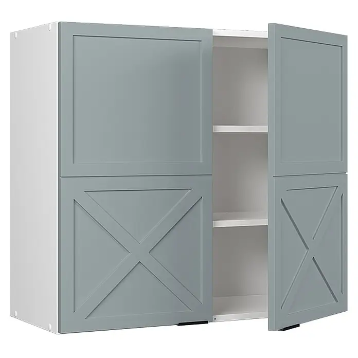 Vicco Schrankküche Fame-Line Hellblau-grau - Hellblau-grau, Hängeschrank 80 cm - Grauer zweitüriger Wandschrank mit Paneel- und Kreuzstreben-Türen, offen mit weißen Regalböden.