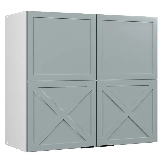 Vicco Schrankküche Fame-Line Hellblau-grau - Hellblau-grau, Hängeschrank 80 cm - Graue Hängeschrankeinheit mit vier Türen: zwei oben schlicht, zwei unten mit Kreuzmuster, und einer weißen Seitenwand.