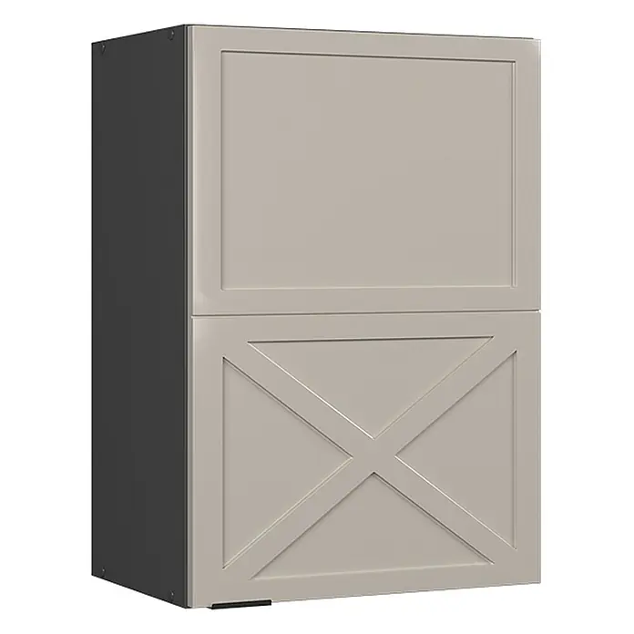 Vicco Schrankküche Fame-Line GrauBeige - GrauBeige, Hängeschrank 50 cm - Hellbeiger zweitüriger Aufbewahrungsschrank mit dunkelgrauer Seite. Die untere Tür hat ein X-förmiges Scheunentor-Design.