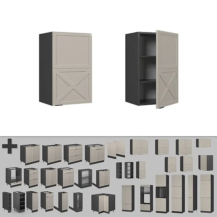 Vicco Schrankküche Fame-Line GrauBeige - GrauBeige, Hängeschrank 45 cm - Modulare Küchenschränke in Dunkelgrau mit hellbeigen Türen, teils mit X-Streben-Design. Enthält Hoch-, Unter-, Wand- und offene Regalelemente.