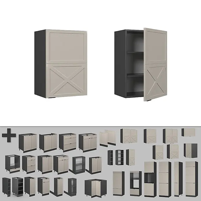 Vicco Schrankküche Fame-Line GrauBeige - GrauBeige, Hängeschrank 50 cm - Modulare Küchenschränke: dunkelgraue Rahmen und hellbeige Türen, teils mit X-Muster, in verschiedenen Konfigurationen erhältlich.