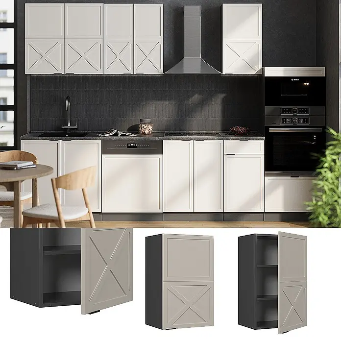 Vicco Schrankküche Fame-Line GrauBeige - GrauBeige, Hängeschrank 45 cm - Moderne Küche mit hellen Schranktüren mit X-Paneelen, dunklen Elementen und integrierten Geräten.