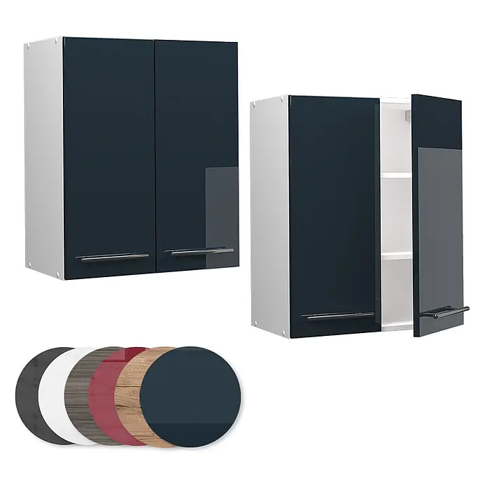 Vicco Schrankküche Fame-Line Dunkelblau Hochglanz - Breite: 60 cm, Dunkelblau Hochglanz, Hängeschrank 60 cm - Zwei dunkelblaue hochglänzende Küchenhängeschränke mit hellgrauen Seiten und Chromgriffen, einer offen mit Regalböden.