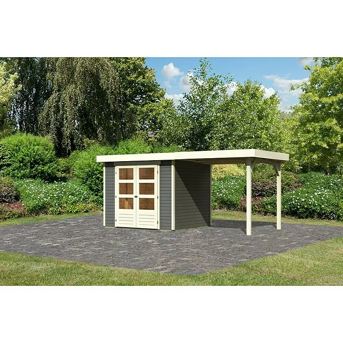 Karibu Gartenhaus Askola 3 - Außenmaß inkl. Dachüberstand (B x T): 491 x 238 cm, Holz, Terragrau, Elfenbinweiß, Mit Anbaudach - Modernes Gartenhaus mit Doppeltür und überdachtem Bereich, ideal für Stauraum und Entspannung im Freien.