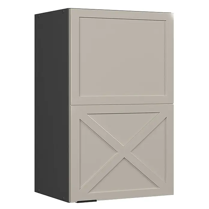 Vicco Schrankküche Fame-Line GrauBeige - GrauBeige, Hängeschrank 45 cm - Hellbeiger Schrank mit zwei Türen, obere Tür schlicht, untere Tür mit X-Detail. Dunkelgraue Seitenwand.