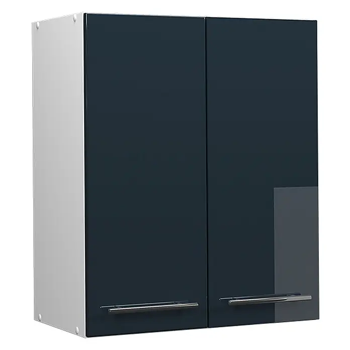 Vicco Schrankküche Fame-Line Dunkelblau Hochglanz - Breite: 60 cm, Dunkelblau Hochglanz, Hängeschrank 60 cm - Zweitüriger Wandschrank mit glänzenden dunkelblauen Türen, hellgrauen Seiten und Chromgriffen.