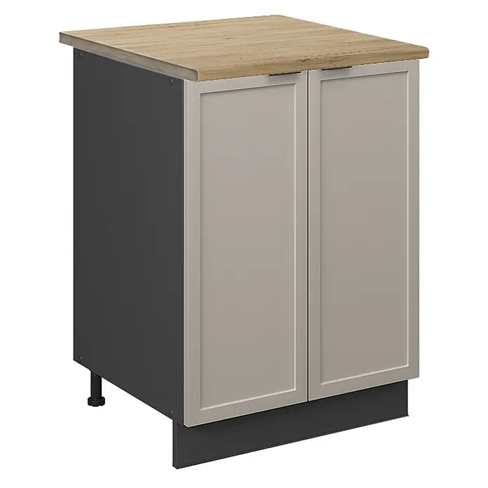 Vicco Schrankküche Fame-Line GrauBeige, AP Eiche - GrauBeige, Unterschrank 60 cm, AP Eiche - Küchenunterschrank mit heller Holzplatte, hellgrauen Türen und dunkelgrauen Seiten mit schwarzem Sockel.