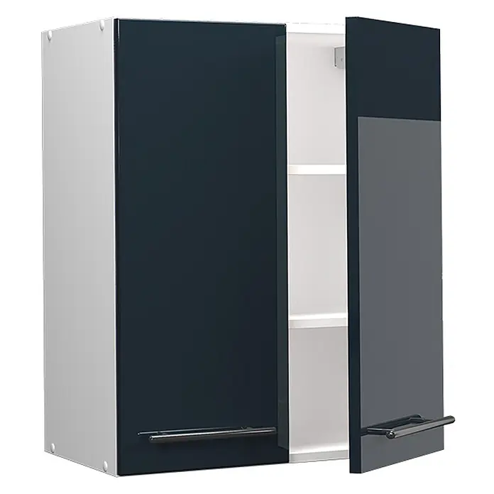 Vicco Schrankküche Fame-Line Dunkelblau Hochglanz - Breite: 60 cm, Dunkelblau Hochglanz, Hängeschrank 60 cm - Zweitüriger dunkelblauer Hochglanz-Wandschrank mit hellgrauen Seiten, eine Tür leicht geöffnet, zeigt weiße Regalböden und Metallgriffe.