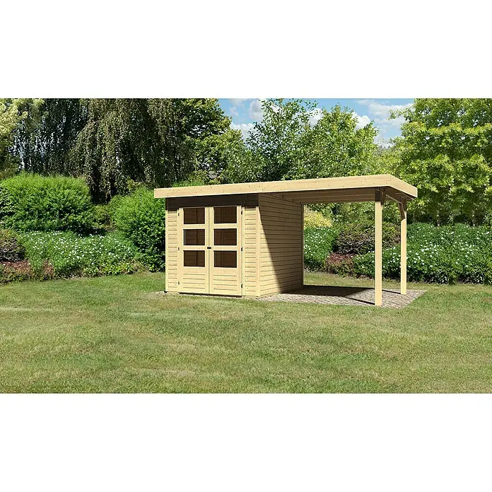 Karibu Gartenhaus Askola - Außenmaß inkl. Dachüberstand (B x T): 467 x 238 cm, Holz, Natur, Mit Anbaudach - Holzgartenhaus mit Vordach und Doppeltüren aus Holz. Das Gartenhaus hat Fenster und ist in einem gepflegten Garten aufgebaut.