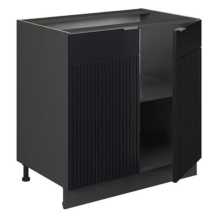 Vicco Schrankküche Fame-Line Schwarz gestreift mit Regal, AP Marmor - Schwarz gestreift, Unterschrank 80 cm, AP Marmor - Dunkelgrauer Küchenunterschrank mit geriffelten Türen, eine offen mit einem Einlegeboden, und verstellbaren Füßen.
