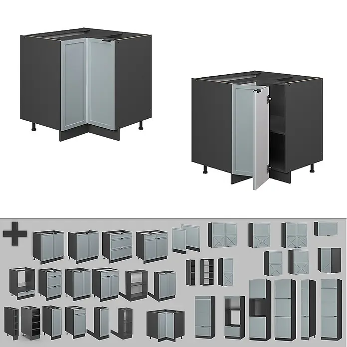 Vicco Schrankküche Fame-Line Hellblau-grau, AP Marmor - Hellblau-grau, Eckunterschrank, AP Marmor - Modulares Küchenschranksystem mit dunkelgrauen Korpen und hellgrauen Türen. Enthält Unter-, Wand-, Hochschränke und Eckschränke, teils offen gezeigt.