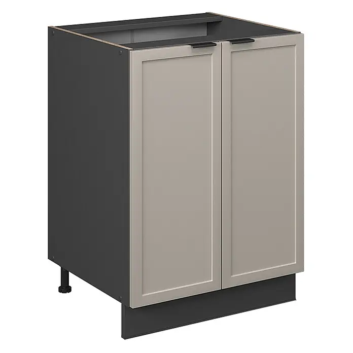 Vicco Schrankküche Fame-Line GrauBeige ohne Arbeitsplatte - GrauBeige, Unterschrank 60 cm - Dunkelgrauer Unterschrank mit zwei hellgrauen Rahmentüren, schwarzen Griffen, Sockelleiste und verstellbaren Füßen.