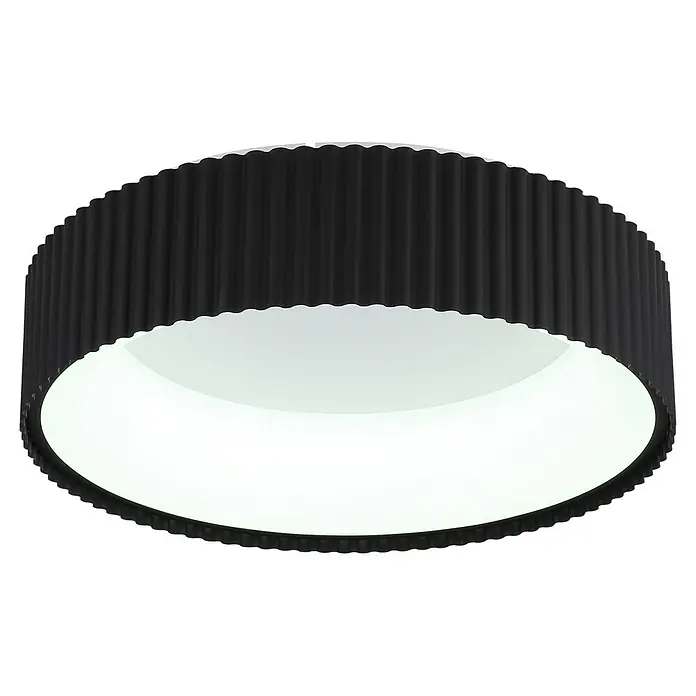 Globo LED-Deckenleuchte rund Kemp - 45 W, Ø x H: 46 x 13 cm - Schwarze runde Deckenleuchte mit geriffelter Seitenwand und weißem Diffusor.