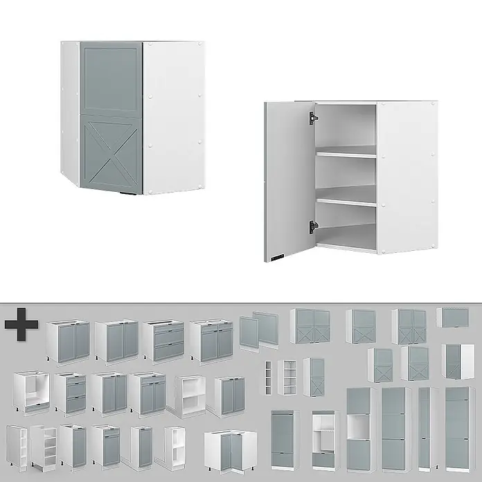 Vicco Schrankküche Fame-Line Hellblau-grau - Hellblau-grau, Eckhängeschrank 57 cm - Modulare Küchenschrankkollektion in Weiß und Grau, mit vielfältigen Designs wie X-Muster-Türen, Schubladen und offenen Regalen.