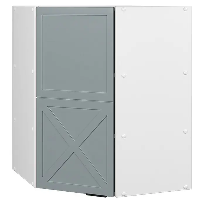 Vicco Schrankküche Fame-Line Hellblau-grau - Hellblau-grau, Eckhängeschrank 57 cm - Weiß-grauer modularer Eckschrank. Die grauen Türen umfassen eine mit X-Muster.