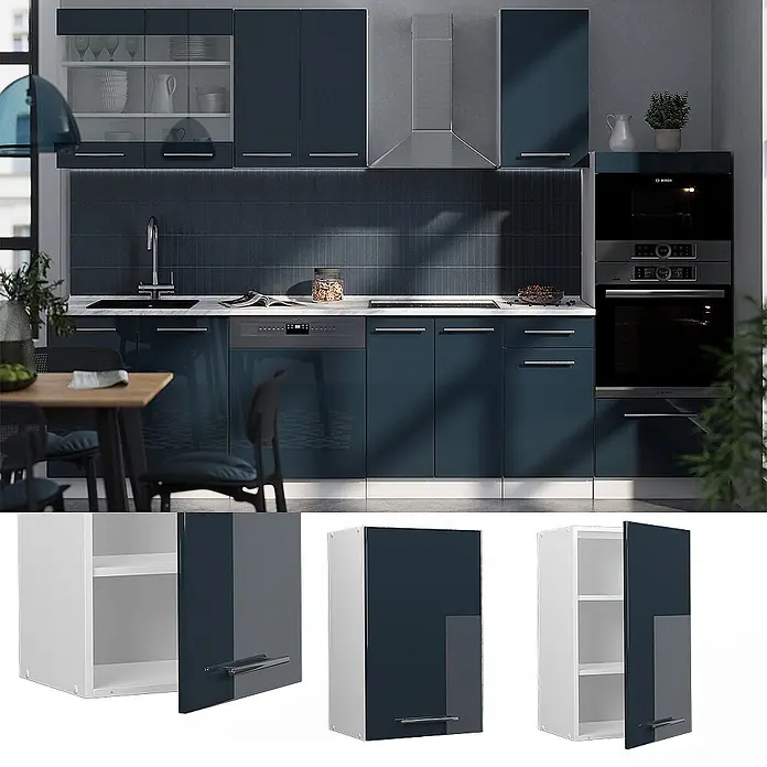 Vicco Schrankküche Fame-Line Dunkelblau Hochglanz - Dunkelblau Hochglanz, Hängeschrank 45 cm - Moderne Küche mit glänzenden dunkelblauen Unter- und Oberschränken, inklusive integrierter Geräte.