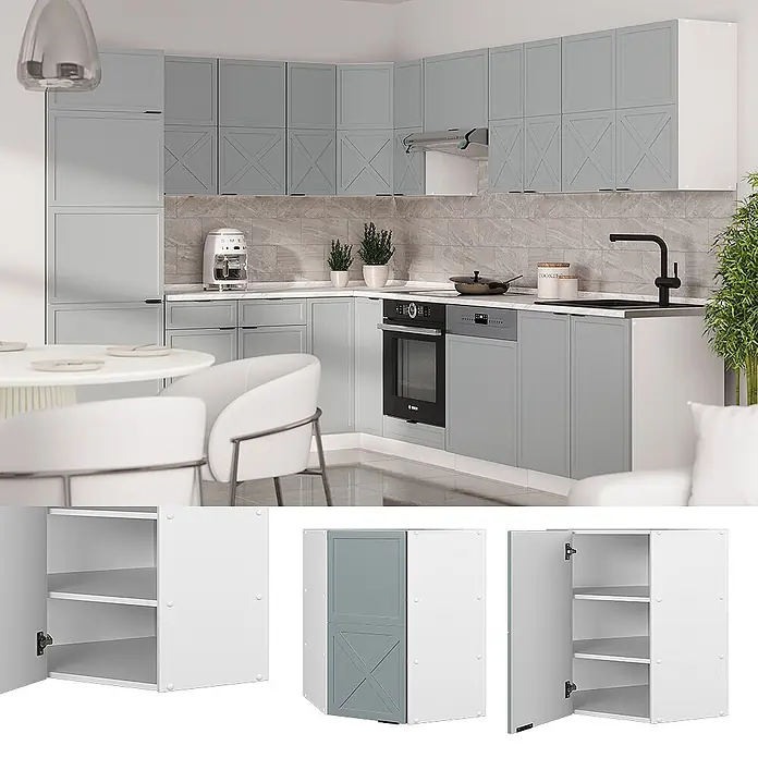 Vicco Schrankküche Fame-Line Hellblau-grau - Hellblau-grau, Eckhängeschrank 57 cm - Moderne hellgraue und weiße Küchenschränke mit offenem Schrank und Eckschrank in zeitgenössischer Küche.