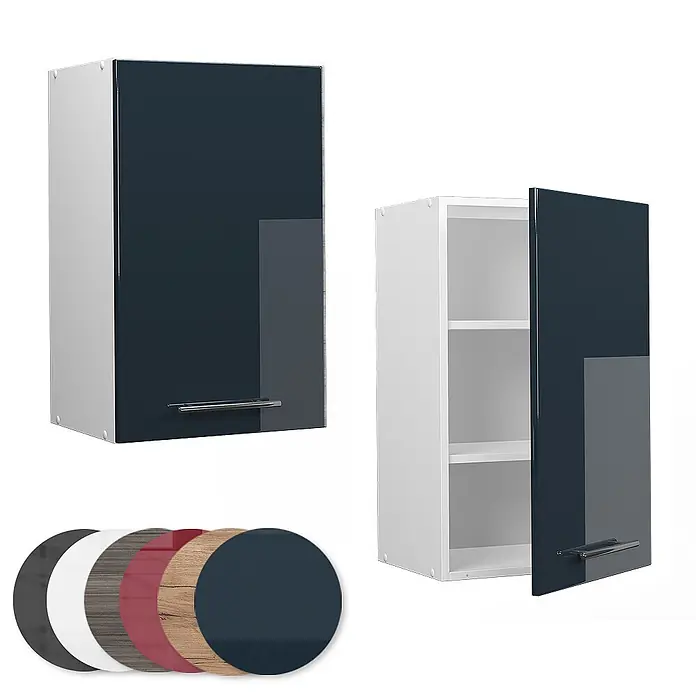 Vicco Schrankküche Fame-Line Dunkelblau Hochglanz - Breite: 45 cm, Dunkelblau Hochglanz, Hängeschrank 45 cm - Dunkelblauer Hochglanz-Wandschrank mit weißem Korpus, geschlossen und offen mit Einlegeböden gezeigt. In verschiedenen Farben erhältlich.