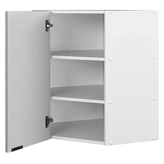 Vicco Schrankküche Fame-Line Hellblau-grau - Hellblau-grau, Eckhängeschrank 57 cm - Weißer Wandschrank mit geöffneter Tür und drei Innenregalen.