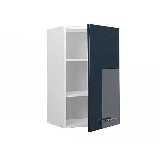 Vicco Schrankküche Fame-Line Dunkelblau Hochglanz - Breite: 45 cm, Dunkelblau Hochglanz, Hängeschrank 45 cm - Weißer Hängeschrank mit dunkelblauer Hochglanztür, leicht geöffnet, zeigt weiße Einlegeböden und silbernen Griff.