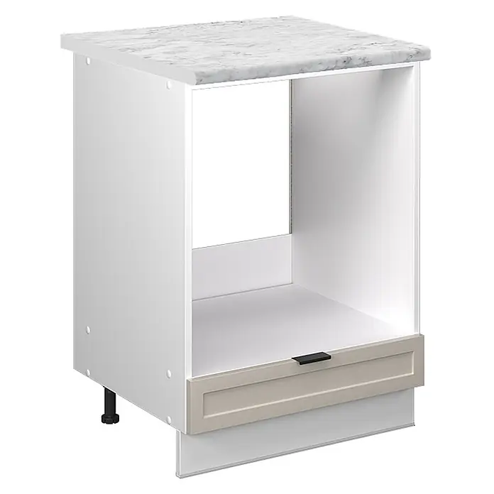 Vicco Schrankküche Fame-Line GrauBeige, AP Marmor - GrauBeige, Herdumbauschrank 60 cm, AP Marmor - Weißer Küchenunterschrank mit Marmor-Arbeitsplatte, offenem Fach und beiger Schublade mit schwarzem Griff.