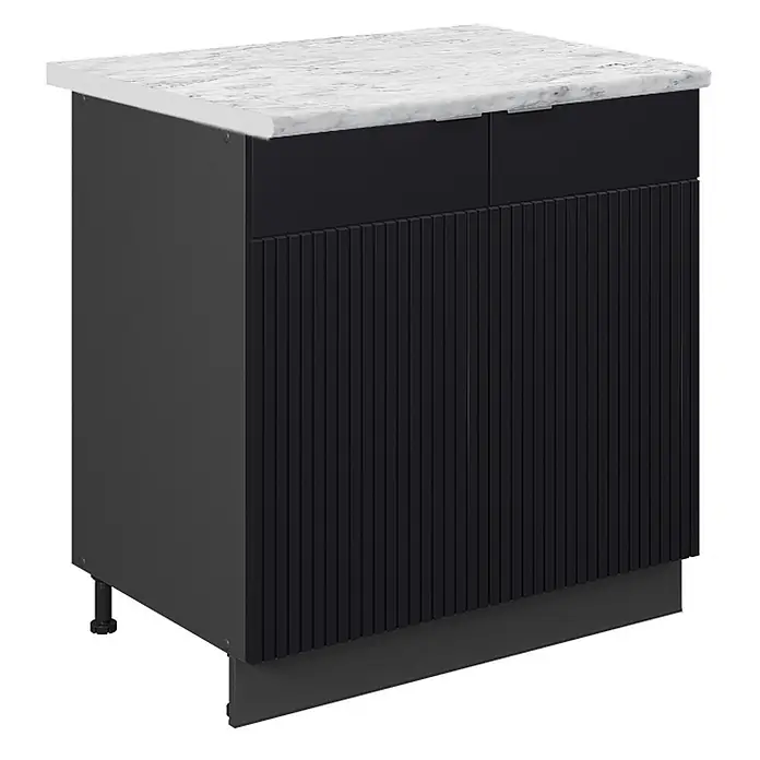 Vicco Schrankküche Fame-Line Schwarz gestreift mit Regal, AP Marmor - Schwarz gestreift, Unterschrank 80 cm, AP Marmor - Schwarzer Schrank mit zwei geriffelten Türen und zwei Schubladen, bedeckt mit einer weißen Marmorplatte.