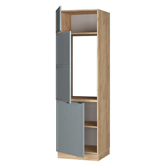 Vicco Schrankküche Fame-Line Hellblau-grau - Hellblau-grau, Kühlumbauschrank 60 cm - Hoher Holzschrank mit hellbraunem Holzdekor-Rahmen und grauen Türen, ausgestattet mit offenen Fächern und geschlossenen Abteilen.