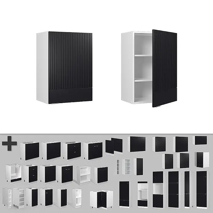 Vicco Hängeschrank Fame-Line, Schwarz gestreift, 50 cm -  - Sammlung weißer Modulschränke mit schwarzen geriffelten und glatten Türen, einschließlich Wand-, Unter- und Hochschränken, für vielseitige Aufbewahrung.