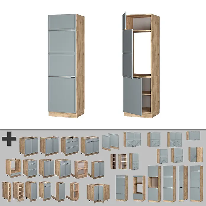 Vicco Schrankküche Fame-Line Hellblau-grau - Hellblau-grau, Kühlumbauschrank 60 cm - Modulares Küchenschranksystem mit hellen Holzrahmen und hellblau-grauen Türen und Schubladen in verschiedenen Konfigurationen.