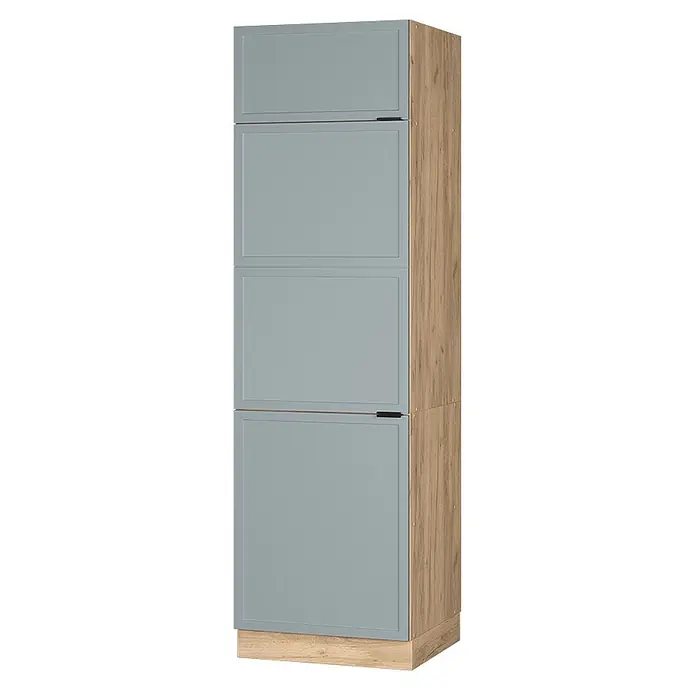 Vicco Schrankküche Fame-Line Hellblau-grau - Hellblau-grau, Kühlumbauschrank 60 cm - Hoher Schrank mit hellgrauen Kassettentüren und Holzoptik-Seiten und -Sockel.
