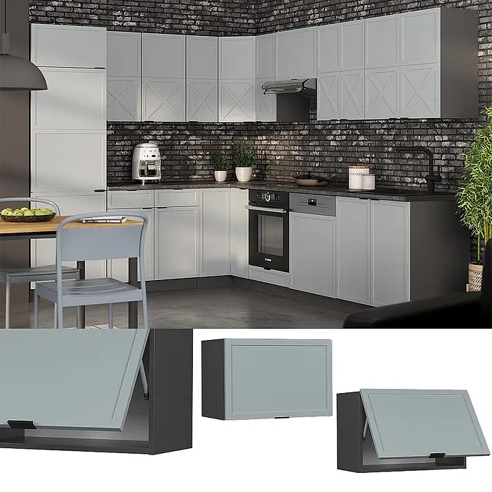 Vicco Schrankküche Fame-Line Hellblau-grau Flach - Hellblau-grau, Hängeschrank (flach) 60 cm - Helle graue Küchenschränke mit schwarzen Griffen, darunter ein aufklappbarer Wandschrank, in einer modernen Küche.