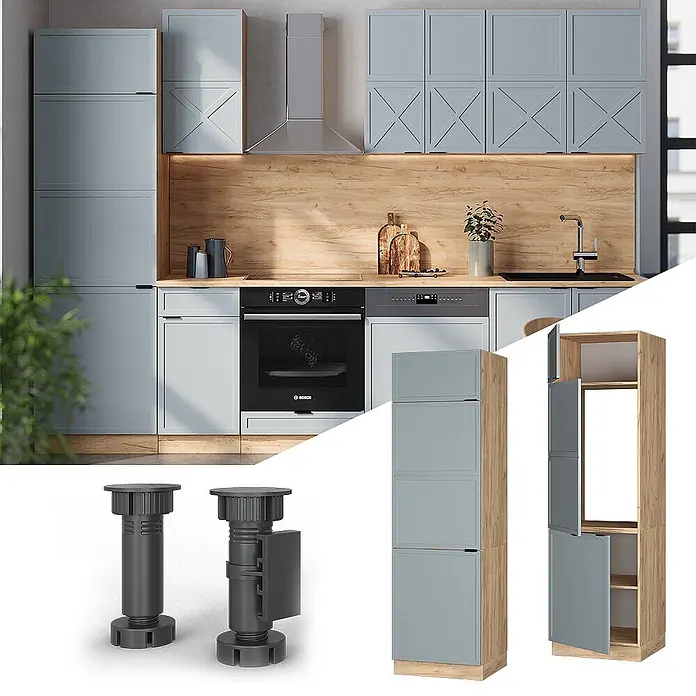 Vicco Schrankküche Fame-Line Hellblau-grau - Hellblau-grau, Kühlumbauschrank 60 cm - Küche mit hellblaugrauen Schränken, Holzdetails und separaten Bildern von verstellbaren dunkelgrauen Möbelfüßen und einem Hochschrank.