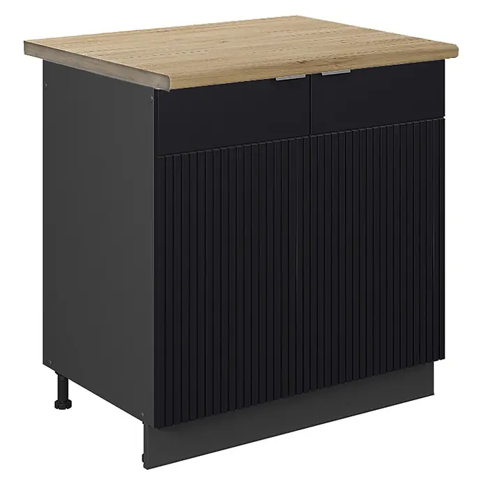 Vicco Schrankküche Fame-Line Schwarz gestreift, AP Eiche - Schwarz gestreift, Spülenunterschrank 80 cm, AP Eiche - Dunkelgrauer Küchenunterschrank mit gerippten Türen, zwei Schubladen und heller Holzplatte.