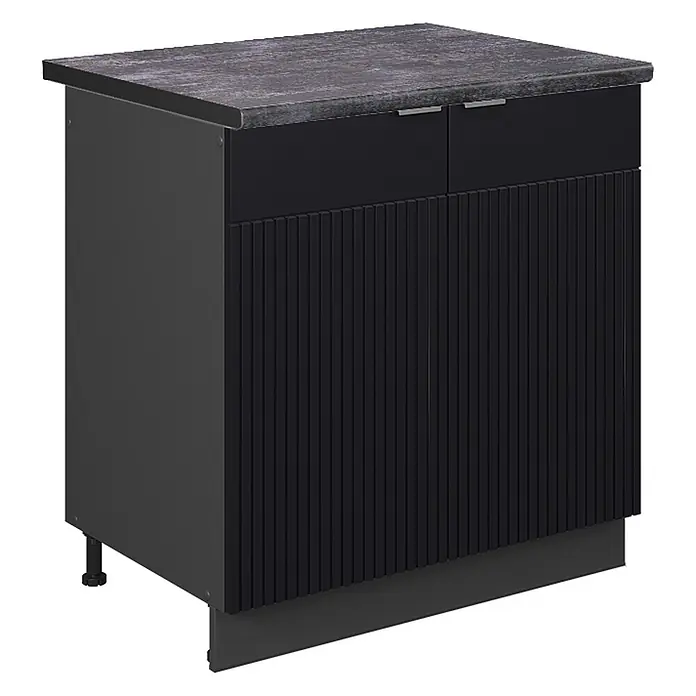 Vicco Spülenunterschrank Fame-Line, Schwarz gestreift, 80 cm -  - Dunkelgrauer Küchenunterschrank mit gemusterter Arbeitsplatte, zwei Schubladen und geriffelter Tür.