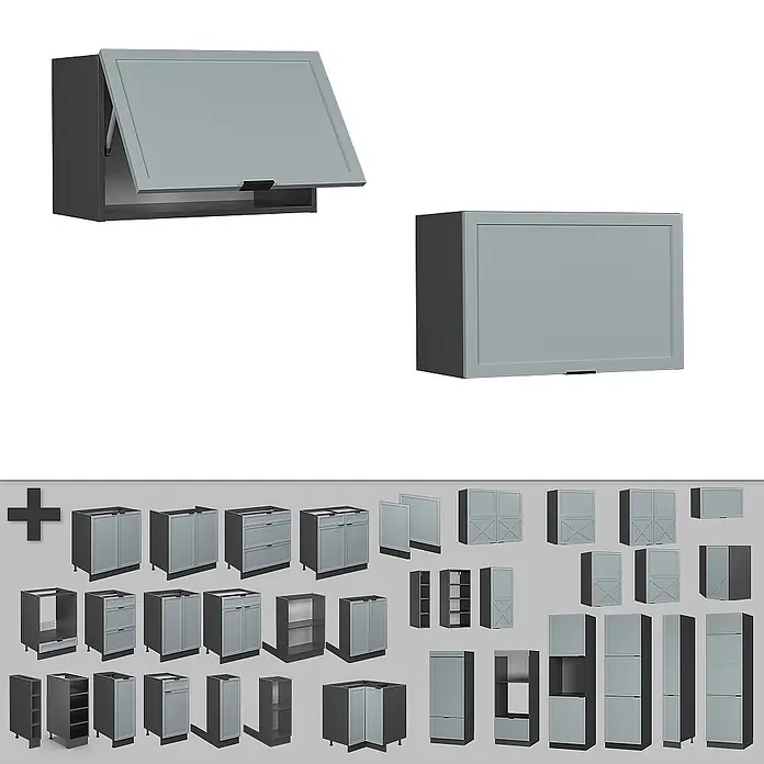 Vicco Schrankküche Fame-Line Hellblau-grau Flach - Hellblau-grau, Hängeschrank (flach) 60 cm - Vielfältige graue Küchenmodulschränke, inklusive Ober-, Unter- und Hochschränke.