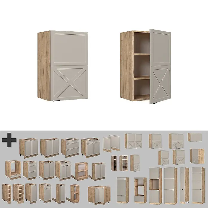 Vicco Schrankküche Fame-Line GrauBeige - GrauBeige, Hängeschrank 45 cm - Küchenschränke in heller Holzoptik mit hellgrauen Fronten, teils mit X-Muster, und Regalböden in geöffneter Einheit.