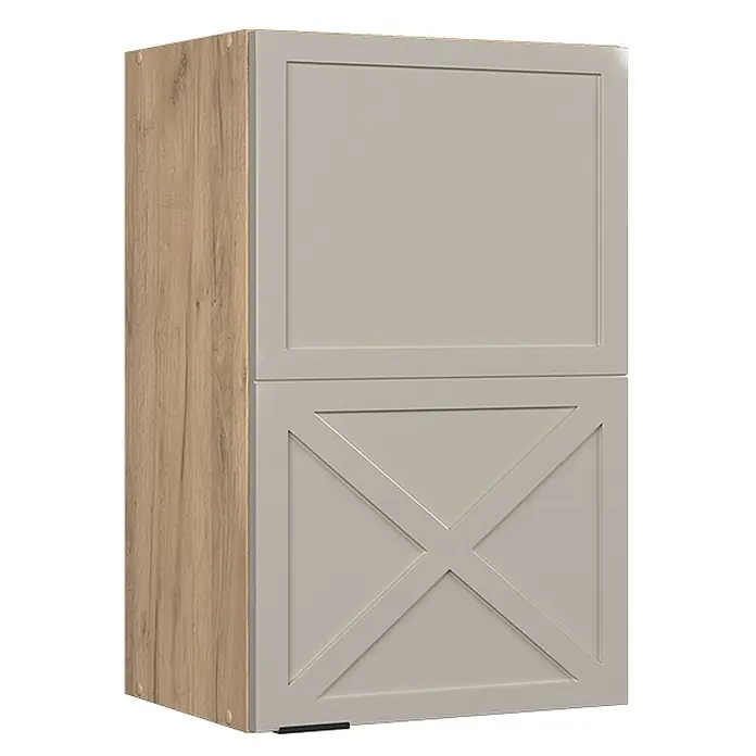 Vicco Schrankküche Fame-Line GrauBeige - GrauBeige, Hängeschrank 45 cm - Hellgrauer Schrank mit Holzoptik-Seitenwand. Die Tür hat eine schlichte obere Platte und eine untere Platte mit X-förmigem Design.