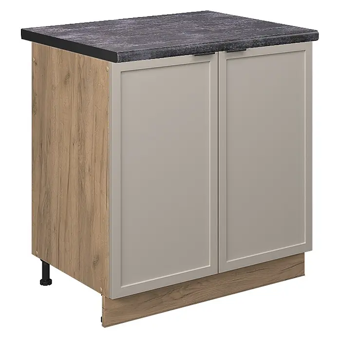 Vicco Schrankküche Fame-Line GrauBeige, AP Anthrazit - GrauBeige, Spülenunterschrank 80 cm, AP Anthrazit - Küchenunterschrank mit dunkelgrauer Arbeitsplatte, Holzdekor-Seitenwand und beigefarbenen Rahmentüren.